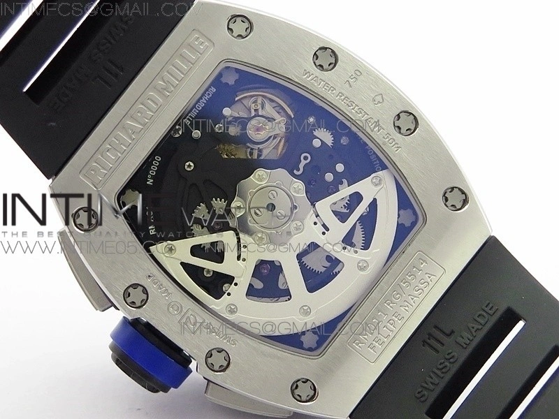RM011 Titanium Case Diamonds Bezel Chronograph KVF 1:1 Best Edition Skeleton Dial Blue Crown on Black Rubber Strap A7750