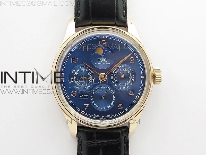Portuguese Real PR Real Annual Calendar IW5034 RG V9F Best Edition Blue Dial On Black Leather Strap A52610