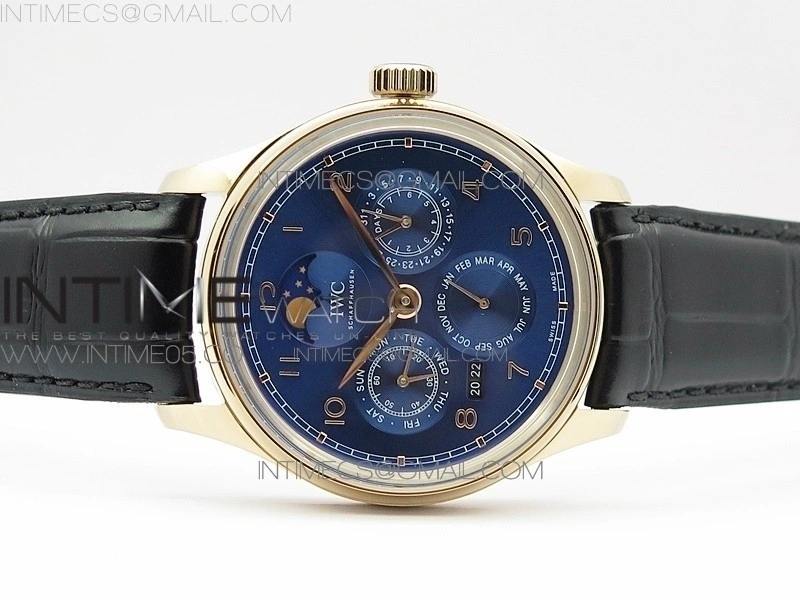 Portuguese Real PR Real Annual Calendar IW5034 RG V9F Best Edition Blue Dial On Black Leather Strap A52610