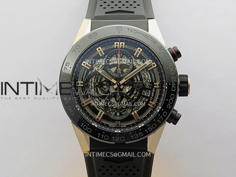 Calibre Heuer 01 Chrono 45mm Ceramic Bezel PVD VSF 1:1 Best Edition Skeleton Dial on Rubber Strap A1887