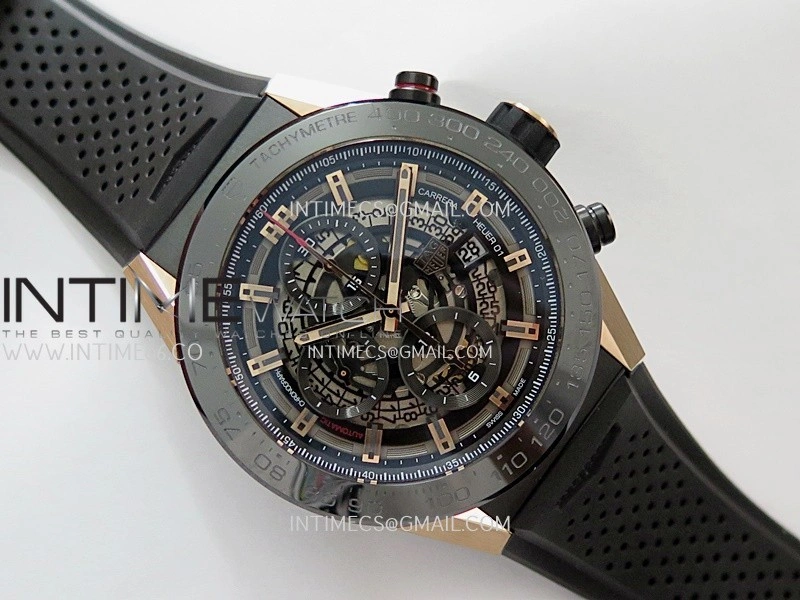 Calibre Heuer 01 Chrono 45mm Ceramic Bezel PVD VSF 1:1 Best Edition Skeleton Dial on Rubber Strap A1887