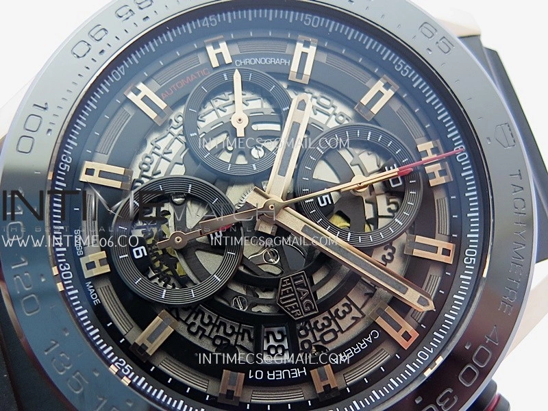Calibre Heuer 01 Chrono 45mm Ceramic Bezel PVD VSF 1:1 Best Edition Skeleton Dial on Rubber Strap A1887