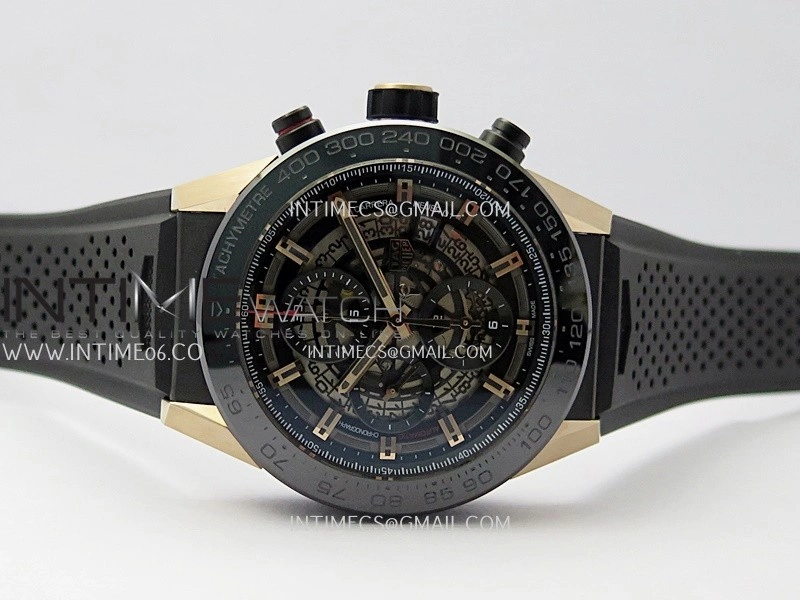 Calibre Heuer 01 Chrono 45mm Ceramic Bezel PVD VSF 1:1 Best Edition Skeleton Dial on Rubber Strap A1887