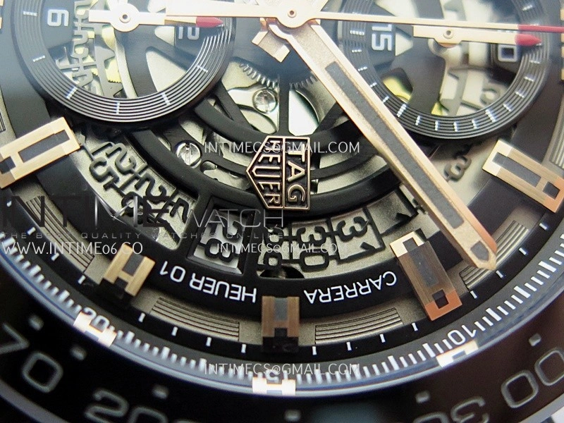 Calibre Heuer 01 Chrono 45mm Ceramic Bezel PVD VSF 1:1 Best Edition Skeleton Dial on Rubber Strap A1887