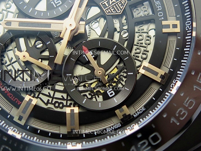 Calibre Heuer 01 Chrono 45mm Ceramic Bezel PVD VSF 1:1 Best Edition Skeleton Dial on Rubber Strap A1887
