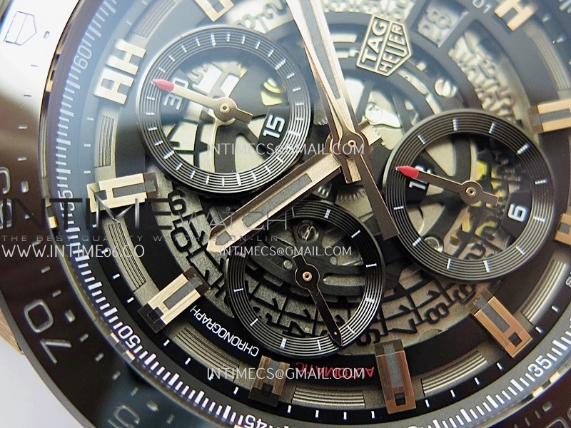 Calibre Heuer 01 Chrono 45mm Ceramic Bezel PVD VSF 1:1 Best Edition Skeleton Dial on Rubber Strap A1887