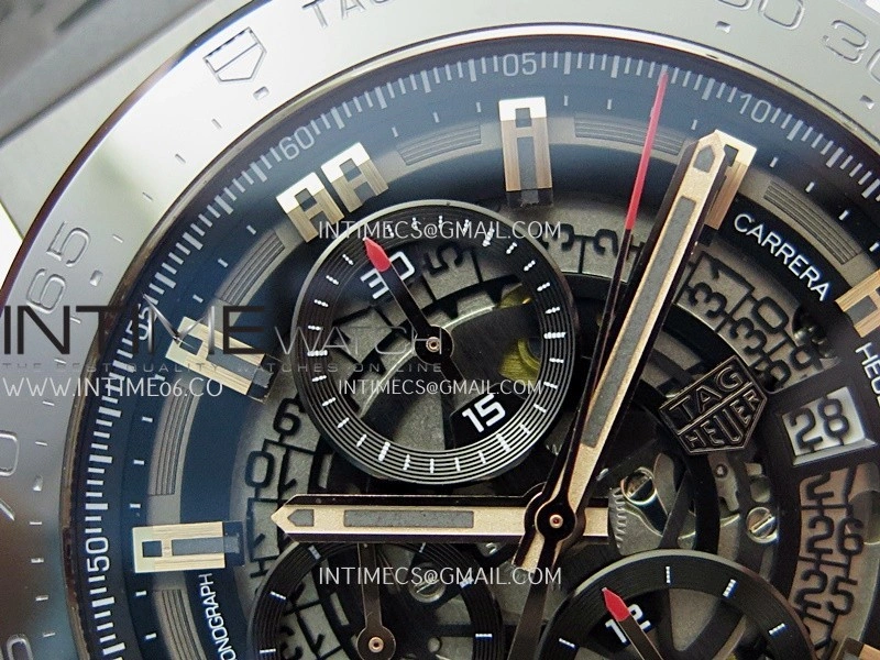 Calibre Heuer 01 Chrono 45mm Ceramic Bezel PVD VSF 1:1 Best Edition Skeleton Dial on Rubber Strap A1887