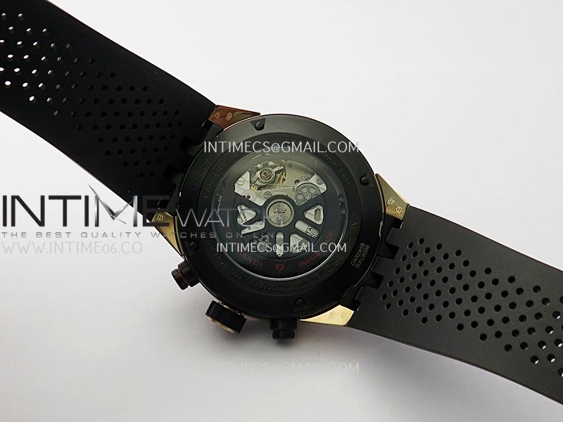 Calibre Heuer 01 Chrono 45mm Ceramic Bezel PVD VSF 1:1 Best Edition Skeleton Dial on Rubber Strap A1887