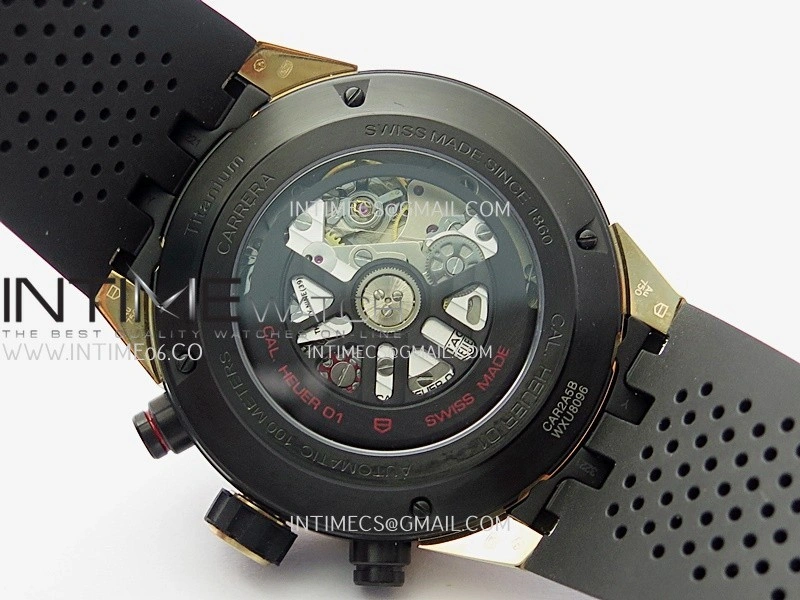 Calibre Heuer 01 Chrono 45mm Ceramic Bezel PVD VSF 1:1 Best Edition Skeleton Dial on Rubber Strap A1887