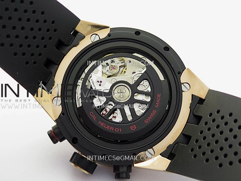 Calibre Heuer 01 Chrono 45mm Ceramic Bezel PVD VSF 1:1 Best Edition Skeleton Dial on Rubber Strap A1887