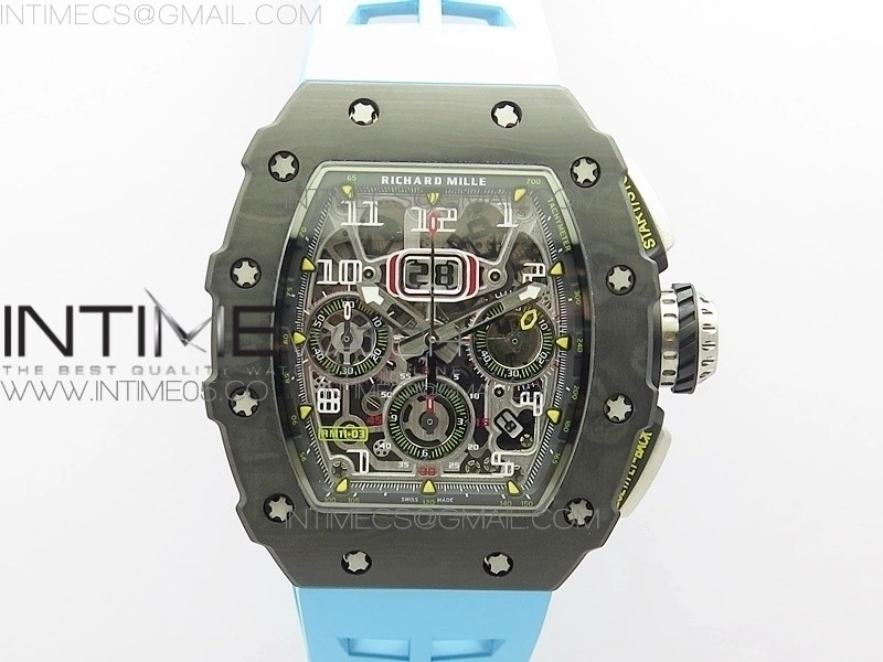RM011 Carbon Case Chrono KVF 1:1 Best Edition Crystal Skeleton Yellow Dial on Blue Rubber Strap A7750 V2