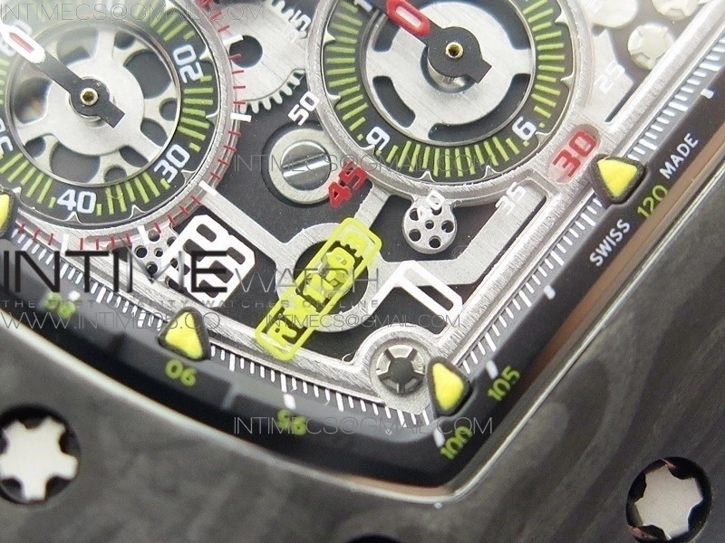 RM011 Carbon Case Chrono KVF 1:1 Best Edition Crystal Skeleton Yellow Dial on Blue Rubber Strap A7750 V2