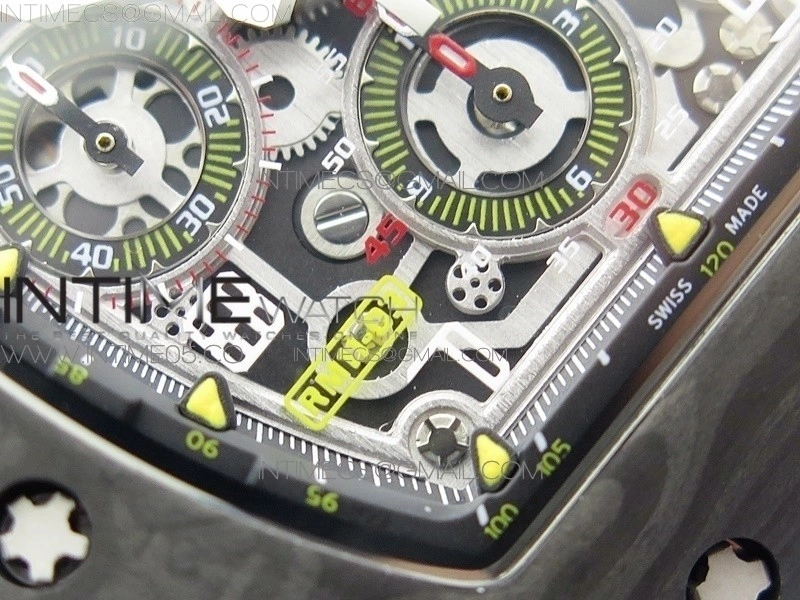 RM011 Carbon Case Chrono KVF 1:1 Best Edition Crystal Skeleton Yellow Dial on Blue Rubber Strap A7750 V2
