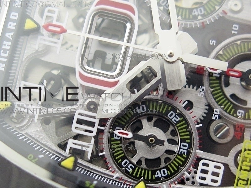 RM011 Carbon Case Chrono KVF 1:1 Best Edition Crystal Skeleton Yellow Dial on Blue Rubber Strap A7750 V2