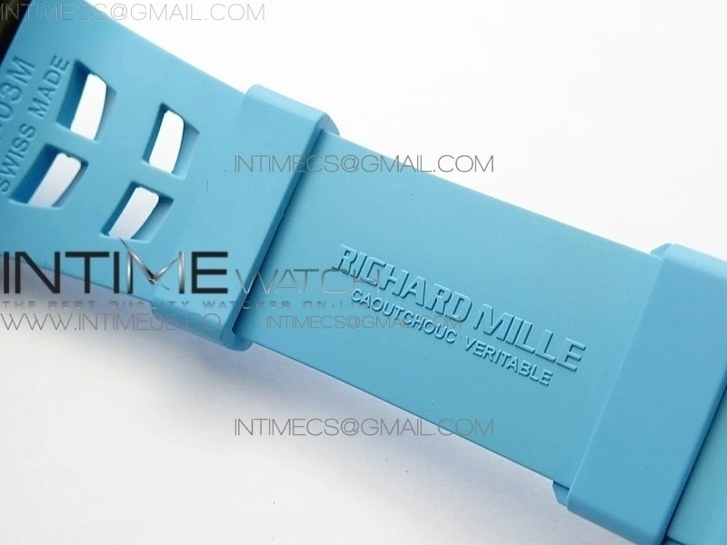 RM011 Carbon Case Chrono KVF 1:1 Best Edition Crystal Skeleton Yellow Dial on Blue Rubber Strap A7750 V2
