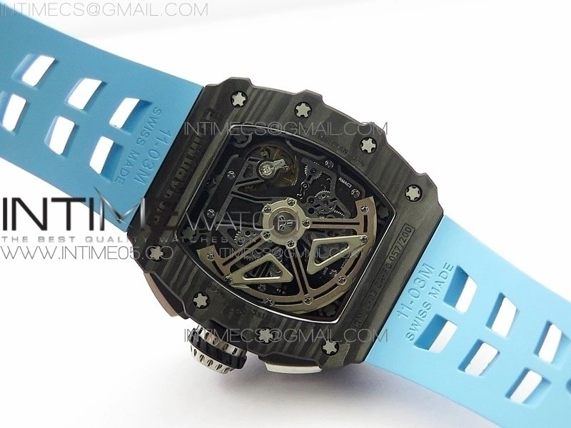 RM011 Carbon Case Chrono KVF 1:1 Best Edition Crystal Skeleton Yellow Dial on Blue Rubber Strap A7750 V2