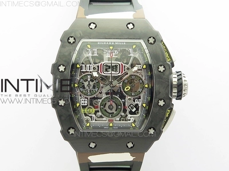 RM011 Carbon Case Chrono KVF 1:1 Best Edition Crystal Skeleton Yellow Dial on Camo Rubber Strap A7750 V2