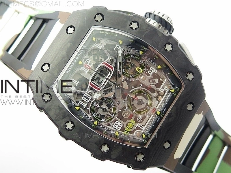 RM011 Carbon Case Chrono KVF 1:1 Best Edition Crystal Skeleton Yellow Dial on Camo Rubber Strap A7750 V2