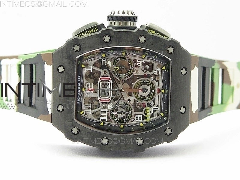 RM011 Carbon Case Chrono KVF 1:1 Best Edition Crystal Skeleton Yellow Dial on Camo Rubber Strap A7750 V2