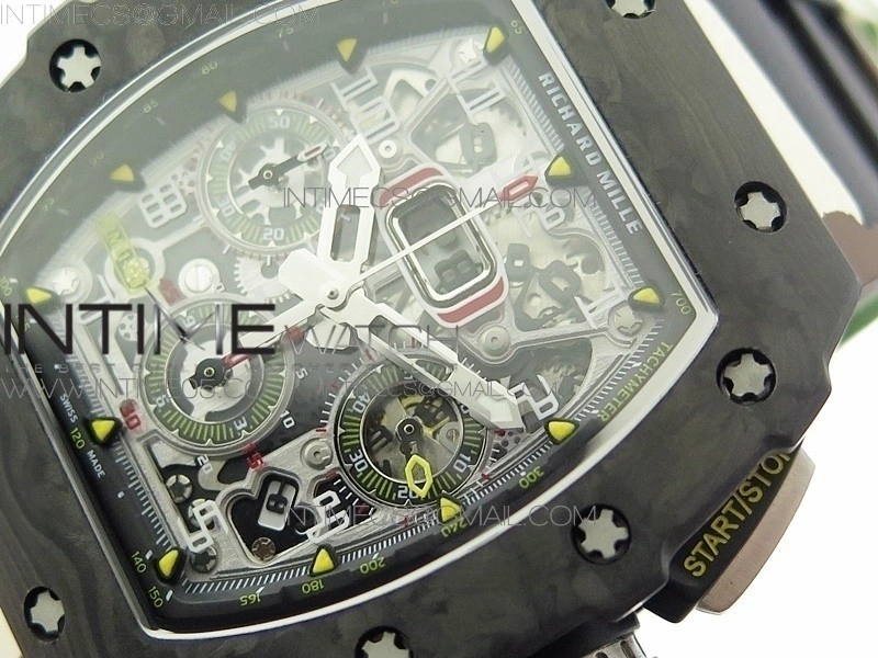 RM011 Carbon Case Chrono KVF 1:1 Best Edition Crystal Skeleton Yellow Dial on Camo Rubber Strap A7750 V2