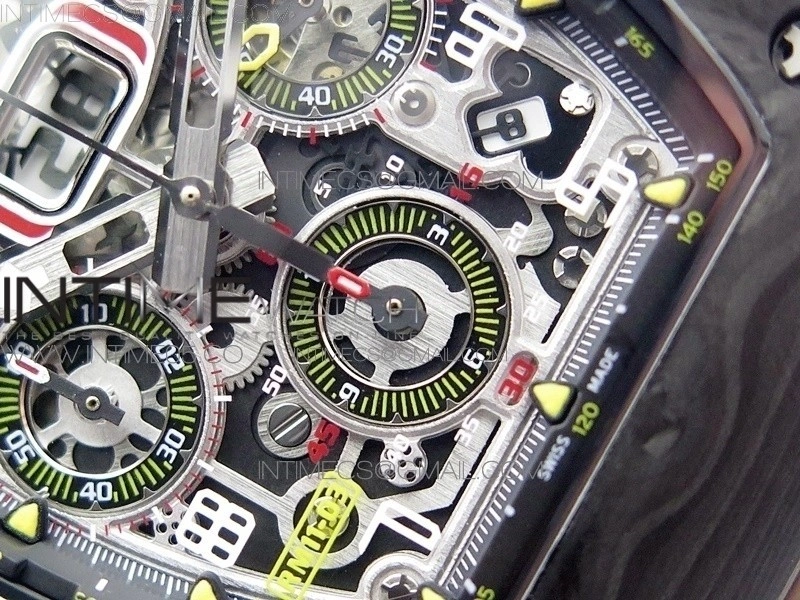 RM011 Carbon Case Chrono KVF 1:1 Best Edition Crystal Skeleton Yellow Dial on Camo Rubber Strap A7750 V2