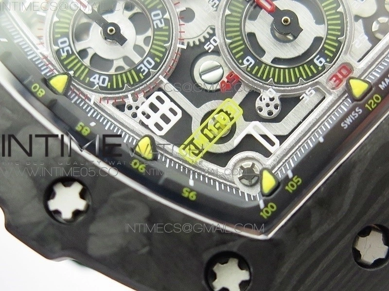 RM011 Carbon Case Chrono KVF 1:1 Best Edition Crystal Skeleton Yellow Dial on Camo Rubber Strap A7750 V2