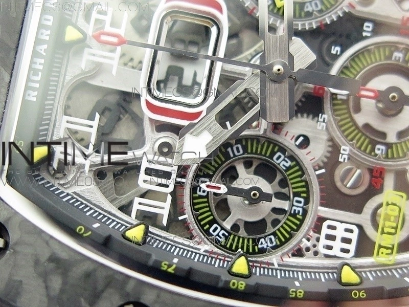 RM011 Carbon Case Chrono KVF 1:1 Best Edition Crystal Skeleton Yellow Dial on Camo Rubber Strap A7750 V2