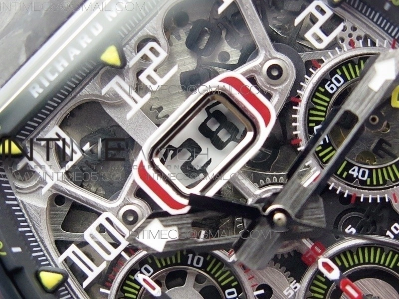 RM011 Carbon Case Chrono KVF 1:1 Best Edition Crystal Skeleton Yellow Dial on Camo Rubber Strap A7750 V2