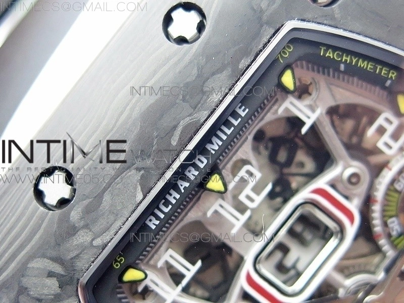 RM011 Carbon Case Chrono KVF 1:1 Best Edition Crystal Skeleton Yellow Dial on Camo Rubber Strap A7750 V2