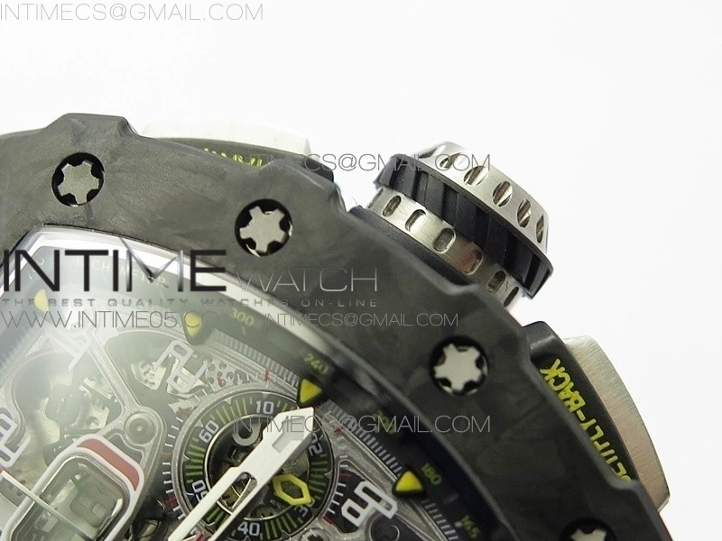 RM011 Carbon Case Chrono KVF 1:1 Best Edition Crystal Skeleton Yellow Dial on Camo Rubber Strap A7750 V2