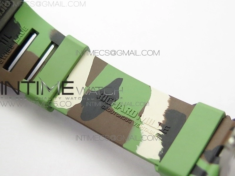 RM011 Carbon Case Chrono KVF 1:1 Best Edition Crystal Skeleton Yellow Dial on Camo Rubber Strap A7750 V2