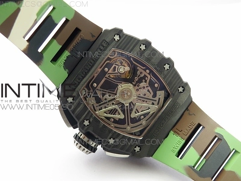 RM011 Carbon Case Chrono KVF 1:1 Best Edition Crystal Skeleton Yellow Dial on Camo Rubber Strap A7750 V2