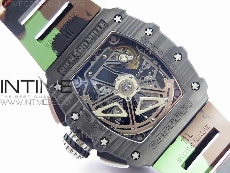 RM011 Carbon Case Chrono KVF 1:1 Best Edition Crystal Skeleton Yellow Dial on Camo Rubber Strap A7750 V2