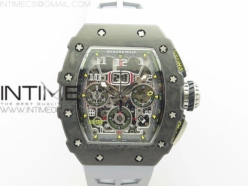 RM011 Carbon Case Chrono KVF 1:1 Best Edition Crystal Skeleton Yellow Dial on Gray Rubber Strap A7750 V2