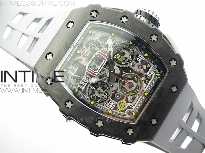 RM011 Carbon Case Chrono KVF 1:1 Best Edition Crystal Skeleton Yellow Dial on Gray Rubber Strap A7750 V2