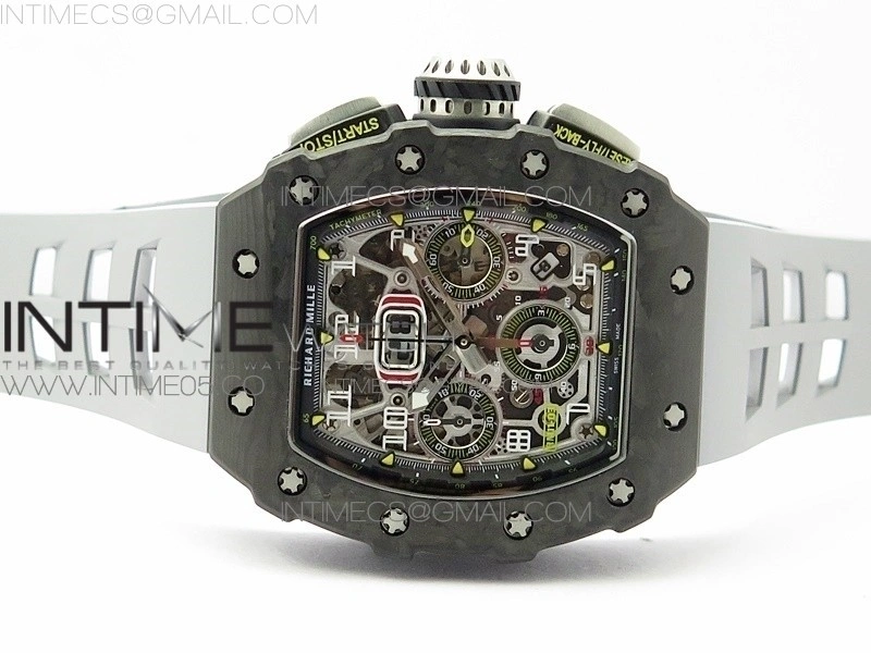RM011 Carbon Case Chrono KVF 1:1 Best Edition Crystal Skeleton Yellow Dial on Gray Rubber Strap A7750 V2