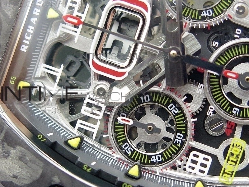 RM011 Carbon Case Chrono KVF 1:1 Best Edition Crystal Skeleton Yellow Dial on Gray Rubber Strap A7750 V2
