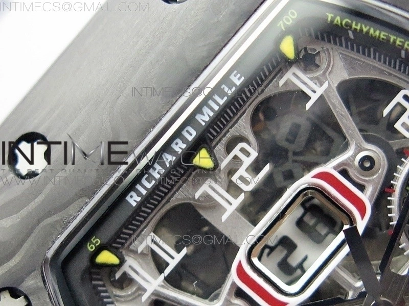 RM011 Carbon Case Chrono KVF 1:1 Best Edition Crystal Skeleton Yellow Dial on Gray Rubber Strap A7750 V2