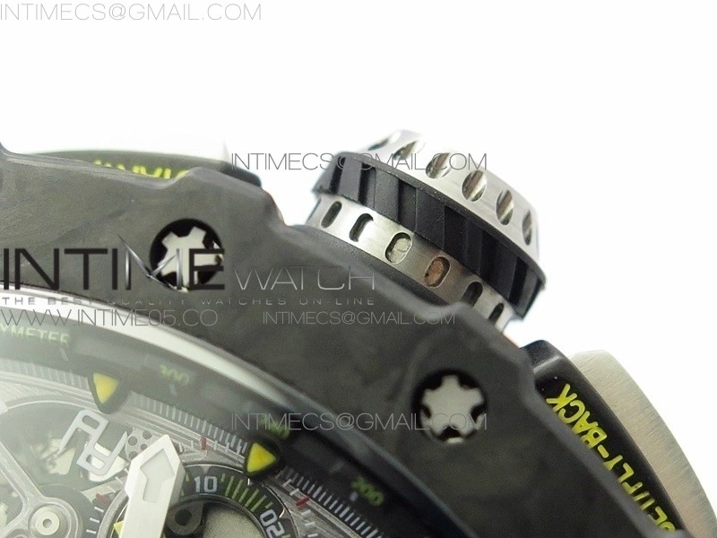 RM011 Carbon Case Chrono KVF 1:1 Best Edition Crystal Skeleton Yellow Dial on Gray Rubber Strap A7750 V2
