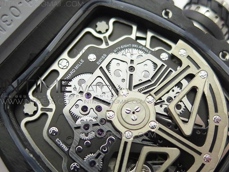 RM011 Carbon Case Chrono KVF 1:1 Best Edition Crystal Skeleton Yellow Dial on Gray Rubber Strap A7750 V2