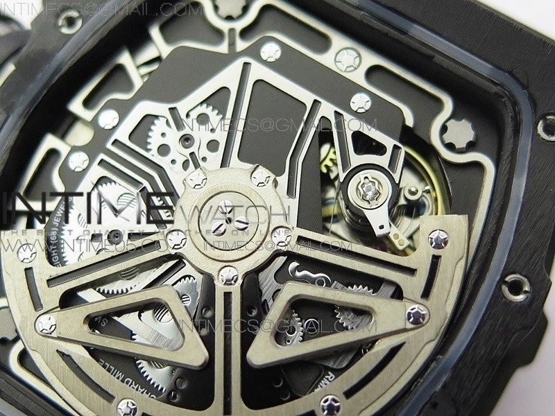 RM011 Carbon Case Chrono KVF 1:1 Best Edition Crystal Skeleton Yellow Dial on Gray Rubber Strap A7750 V2