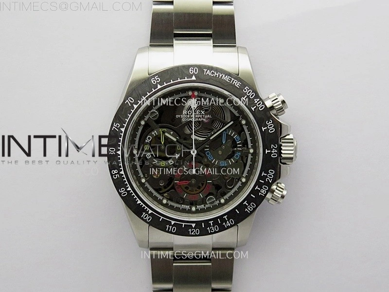 Daytona Cosmograph Carbon Bezel DIWF Best Edition Skeleton Dial on SS Oyster Bracelet SA4130
