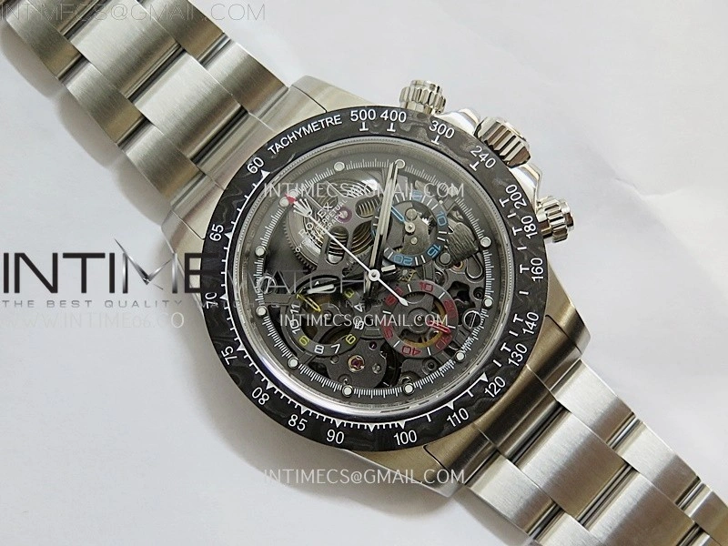 Daytona Cosmograph Carbon Bezel DIWF Best Edition Skeleton Dial on SS Oyster Bracelet SA4130