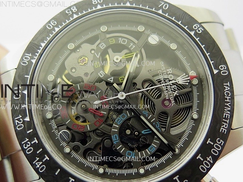 Daytona Cosmograph Carbon Bezel DIWF Best Edition Skeleton Dial on SS Oyster Bracelet SA4130
