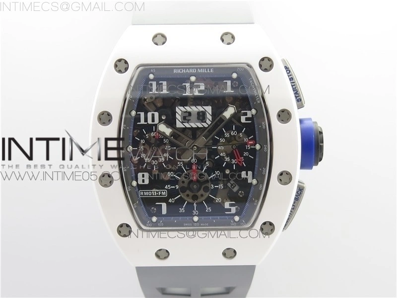 RM011 Real White Ceramic Chronograph KVF 1:1 Best Edition Crystal Skeleton Dial Blue on Gray Rubber Strap A7750