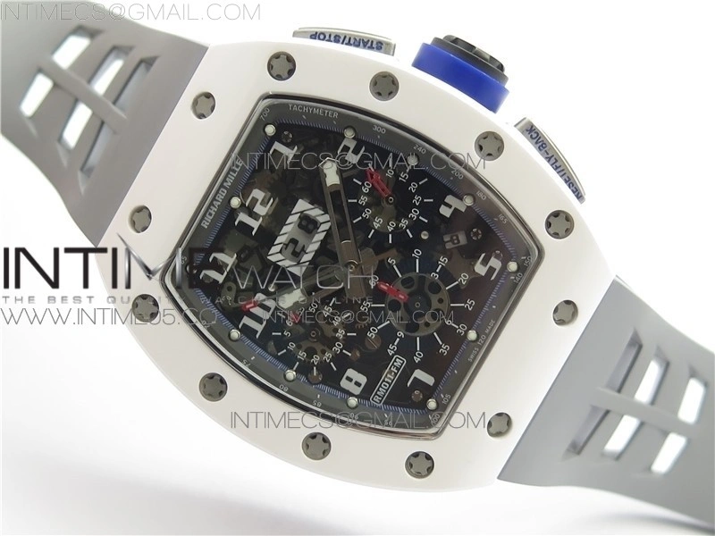 RM011 Real White Ceramic Chronograph KVF 1:1 Best Edition Crystal Skeleton Dial Blue on Gray Rubber Strap A7750