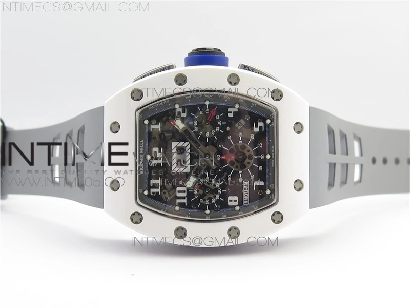 RM011 Real White Ceramic Chronograph KVF 1:1 Best Edition Crystal Skeleton Dial Blue on Gray Rubber Strap A7750