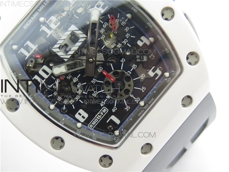 RM011 Real White Ceramic Chronograph KVF 1:1 Best Edition Crystal Skeleton Dial Blue on Gray Rubber Strap A7750