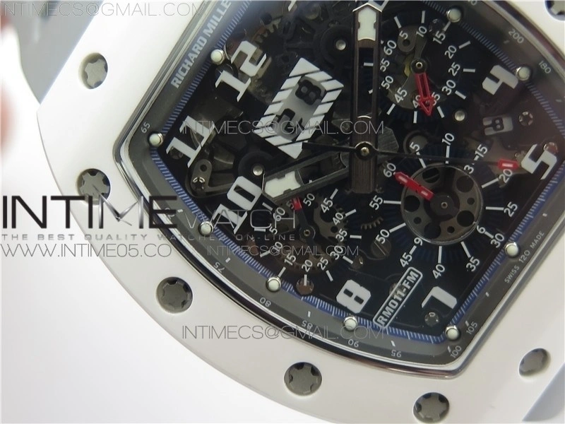 RM011 Real White Ceramic Chronograph KVF 1:1 Best Edition Crystal Skeleton Dial Blue on Gray Rubber Strap A7750