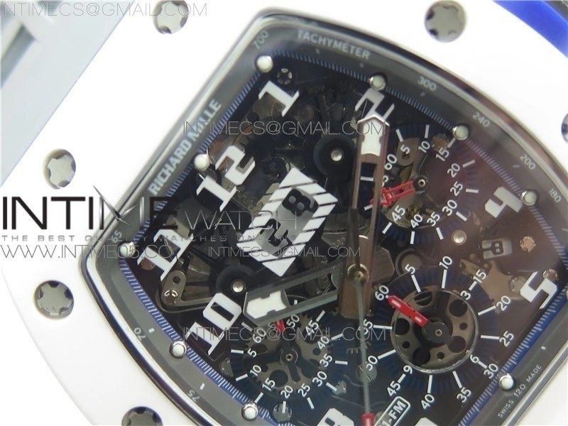 RM011 Real White Ceramic Chronograph KVF 1:1 Best Edition Crystal Skeleton Dial Blue on Gray Rubber Strap A7750